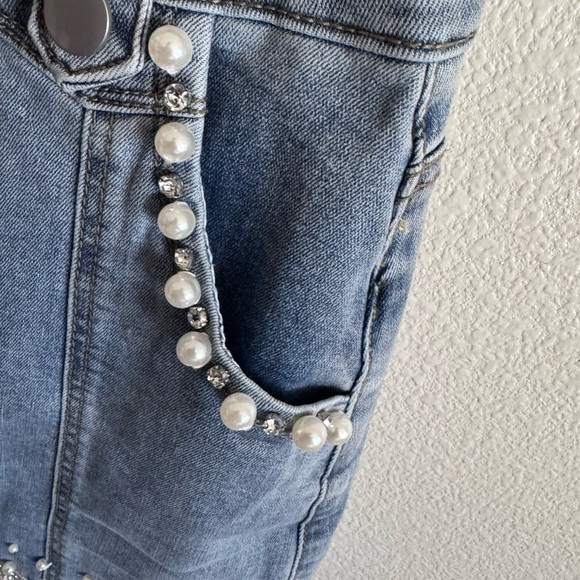 Embellished Denim Mini Skirt with Pearls - Picture 3 of 8